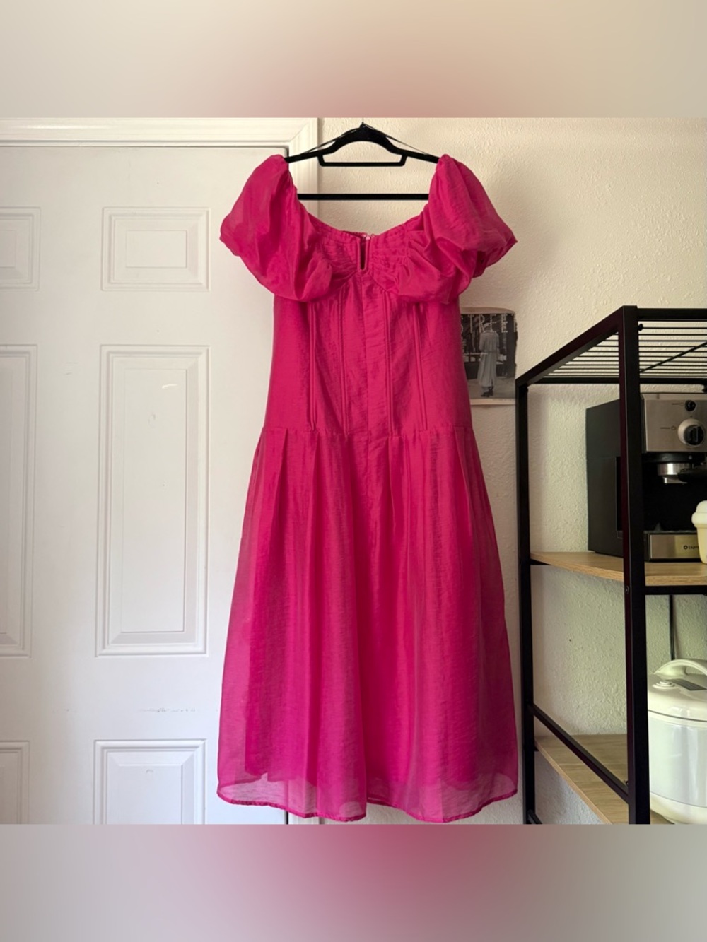 NWT CIEBON fuchsia pink magenta sheer puff corset bustier midi sheer dress